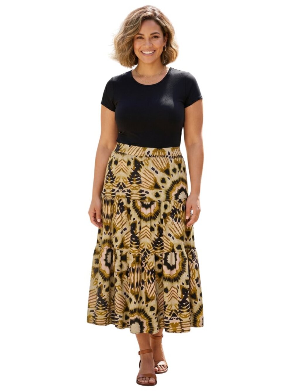 Rachel Zoe Tiered Midi Skirt Abstract Boho Print Large